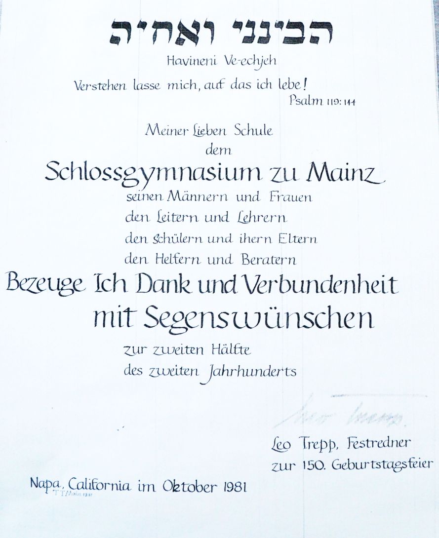 Danksagung von Leo Trepp an das Schlossgymnasium